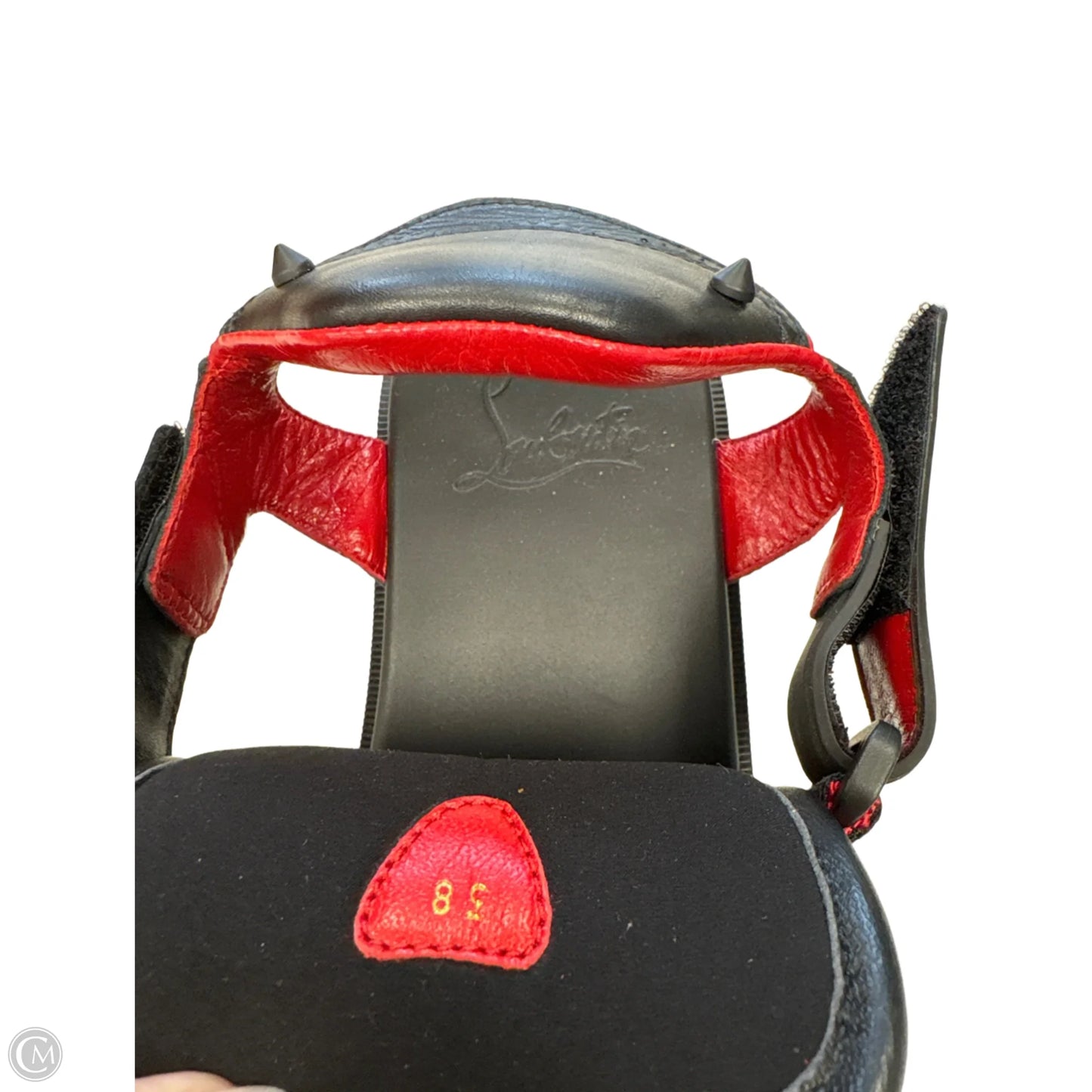 Sandals Luxury Designer By Christian Louboutin In Black & Red, Size: 7.5