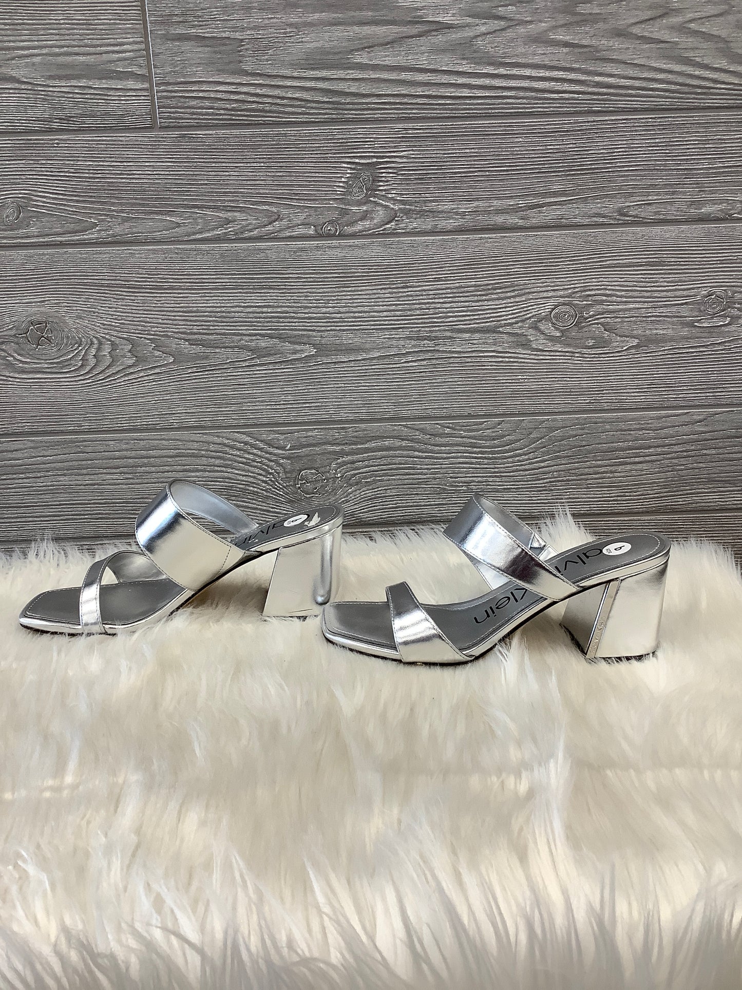 Silver Sandals Heels Block Calvin Klein, Size 9