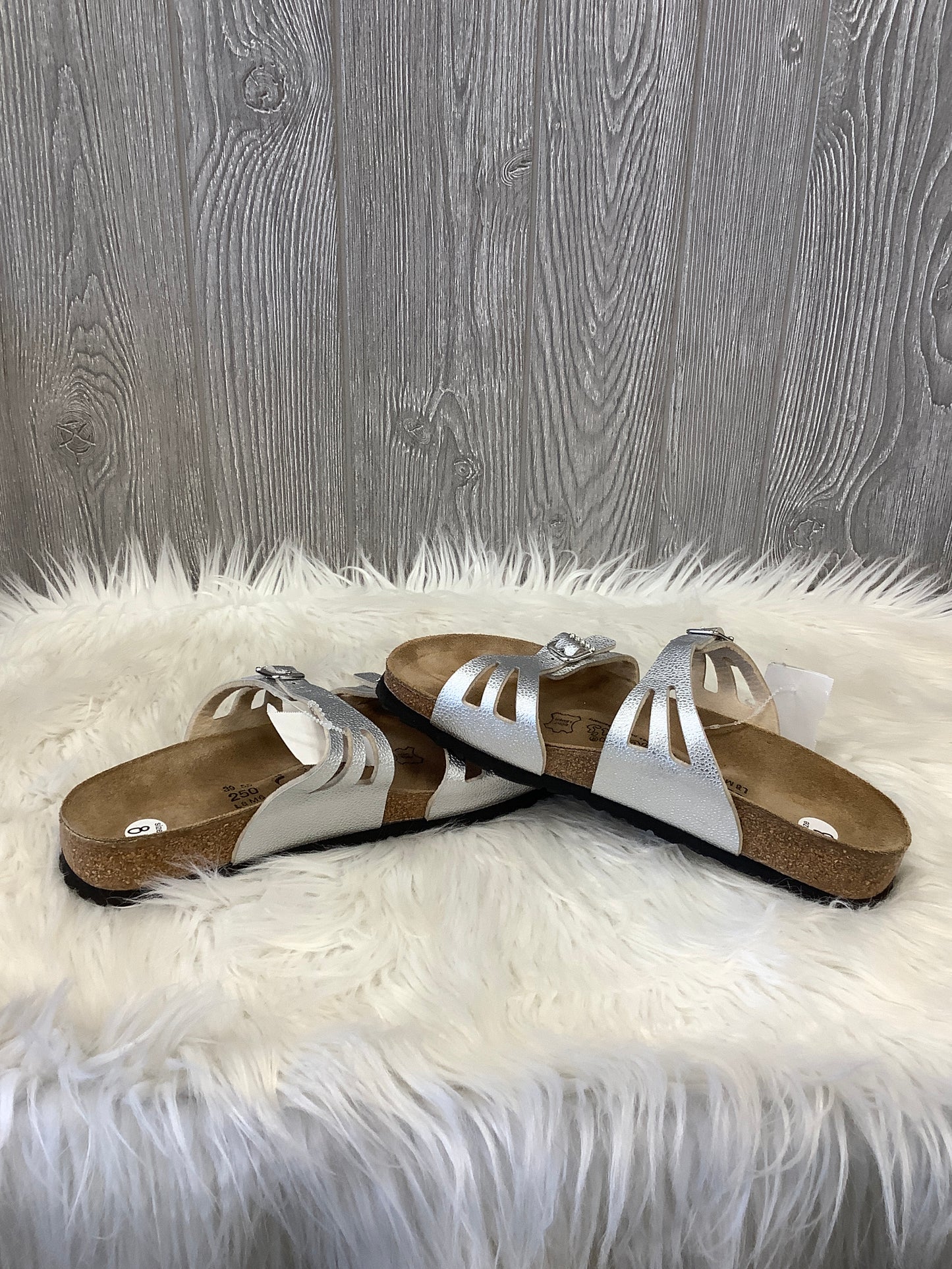 Sandals Flats By Birkenstock In Silver, Size: 8