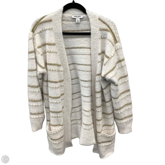 Sweater Cardigan By Nine West Apparel In White & Yellow, Size: L